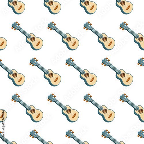 Seamless pattern with acoustic ukuleles on white background. Cute camping music print. 