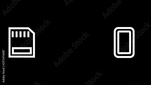 Animation of folder transferring from SD card to smartphone. White outline on black background loop.