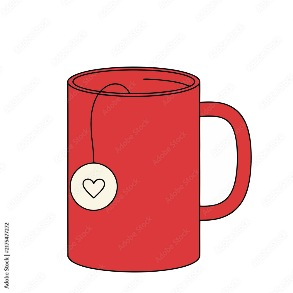 Obraz premium Red mug with tea bag and heart tag