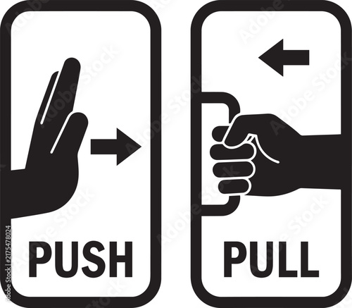 Push and pull door instruction signs with hand gestures and directional arrows for retail or commercial entrances.