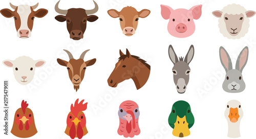 Cute Farm Animal and Poultry Character Icon Set with Livestock and Rural Animal Illustrations