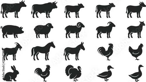 Farm Animal Silhouette Icon Set with Livestock Poultry and Rural Animal Symbols