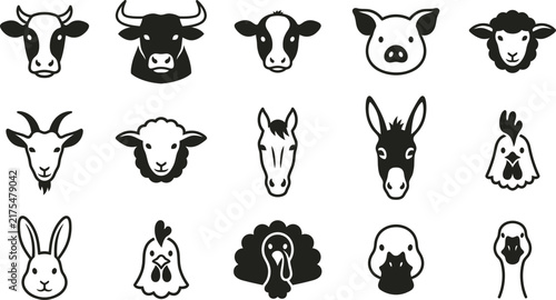 Farm Animal Head Icon Collection with Cow Pig Sheep Horse Donkey and Rabbit Symbols