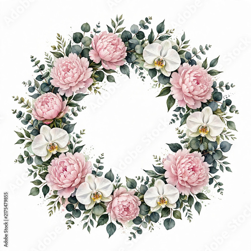Elegant Watercolor Floral Wreath with Soft Pink Peonies, White Orchids and Dark Eucalyptus Isolated on White
