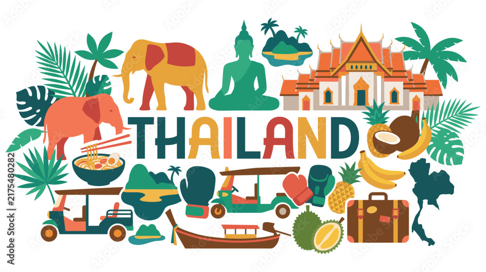 Naklejka premium Thailand travel colorful landscape popular symbols for vacation.