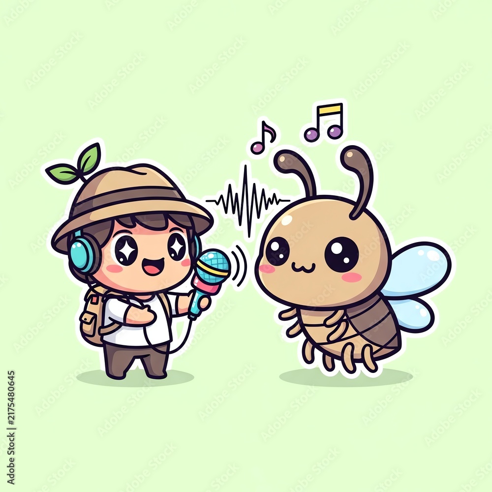 Naklejka premium Cute Explorer Recording a Bee Singing.