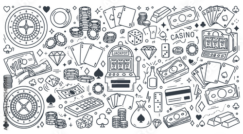 Detailed casino gambling outline doodles and element set.