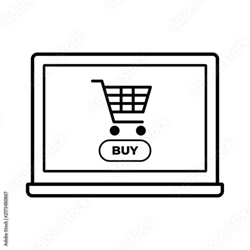 Laptop screen with shopping cart and buy button icon