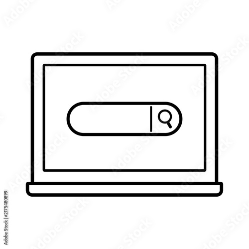 Laptop screen with search bar icon, black and white line illustration