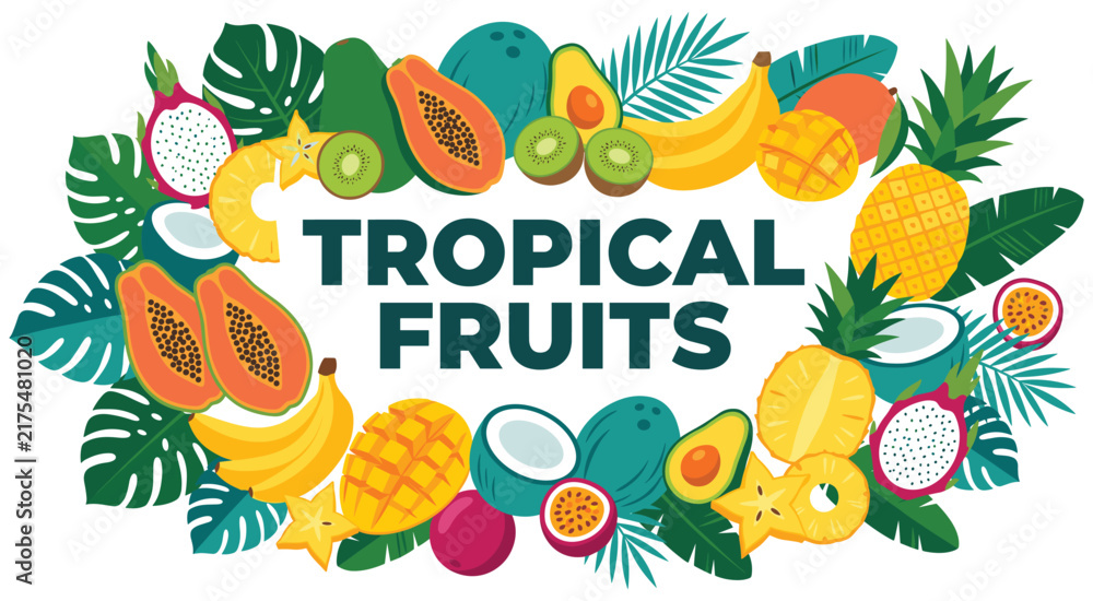 Naklejka premium Tropical fruits collection with exotic leaves and text.