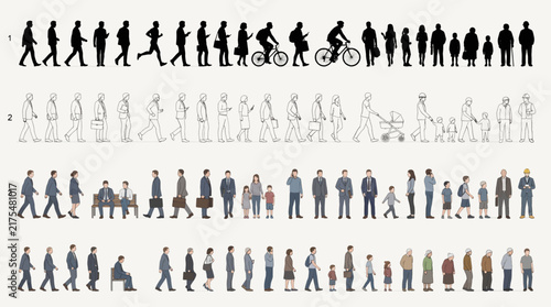 2D people silhouettes in elevation side view. Architecture people, section elevation view, architectural drawing people. Characters. in different styles and perspectives, including outline, silhouette