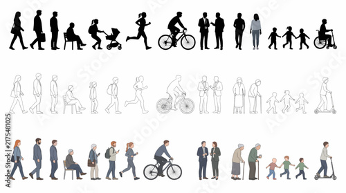 2D people silhouettes in elevation side view. Architecture people, section elevation view, architectural drawing people. Characters. in different styles and perspectives, including outline, silhouette