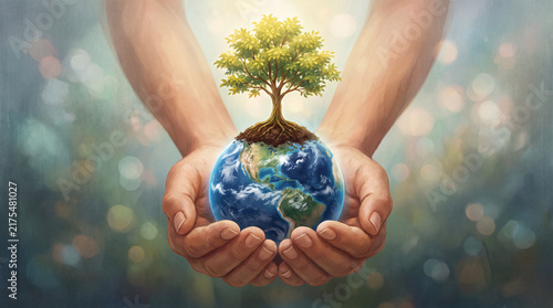 A digital illustration showing cupped hands cradling a world globe with a green tree growing from it, symbolizing environmental protection and global conservation.