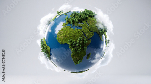 A conceptual 3D render of a lush green Earth globe covered in forests and surrounded by clouds, representing environmental conservation and global sustainability.
