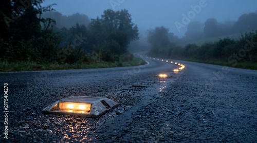 Bright yellow cat eyes road studs illuminating a wet winding rural highway on a misty evening.