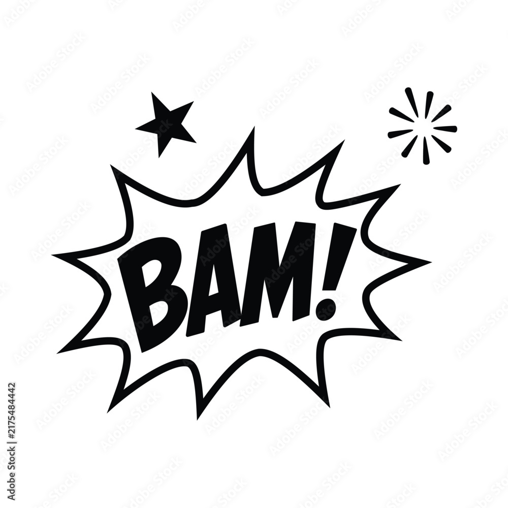Fototapeta premium Bam word text in hand drawn comic burst bubble for pop art action fight effect vector design illustration