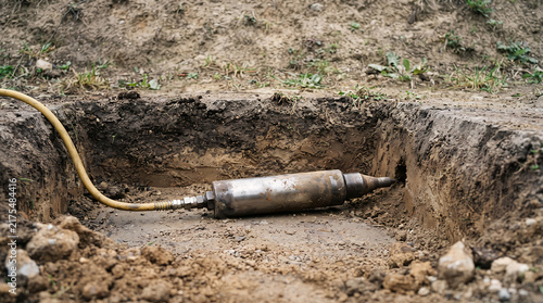 Pneumatic piercing tool positioned in trench for trenchless underground pipe installation.