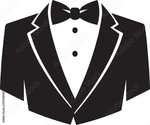 Formal tuxedo jacket with a bow tie displayed as a minimalist graphic style black and white silhouette