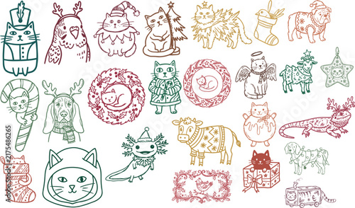 Christmas animal illustration collection with hand drawn folk style