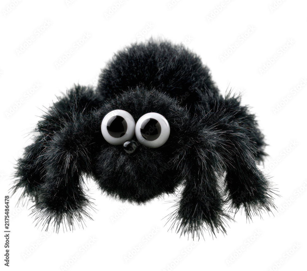 Fototapeta premium PNG Cute fuzzy black spider toy with googly eyes on white background