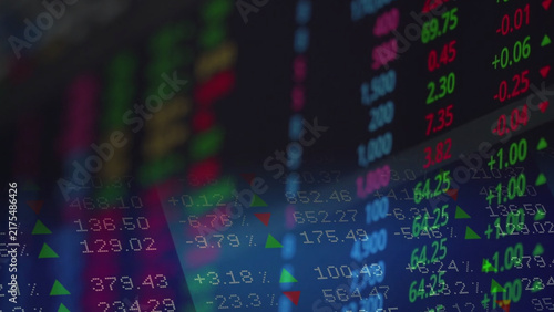 Konstfotografi Financial data, digital stock market ticker board screen showing fluctuating share prices, and exchange trading numbers
