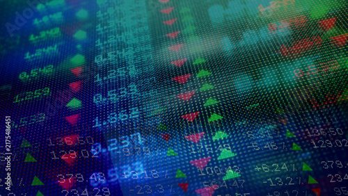 Cuadro en lienzo Financial data, close-up of a digital stock market LED ticker board screen showi
