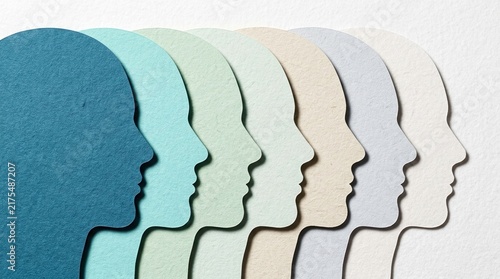 Human profiles, diversity, psychology concept with layered paper silhouettes in neutral colors.