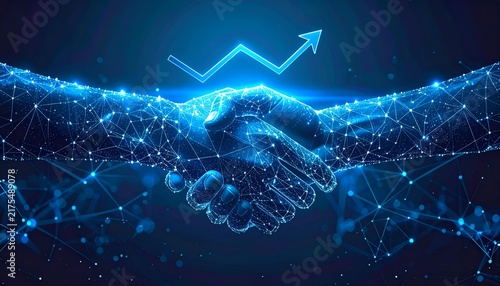 A glowing digital handshake appears over rising financial bars and network connections, conveying partnership, business development, investment growth, and successful collaboration.