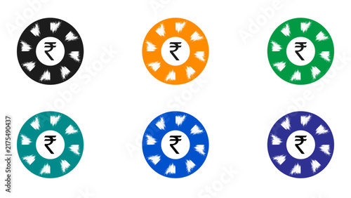 Grunge Rupee Badge Icon Set with Brush Texture in Six Colors