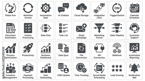 Automation symbols and digital workflow elements compose a clean grid of modern vector UI graphics.