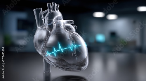 Transparent glass human heart model with glowing ECG pulse