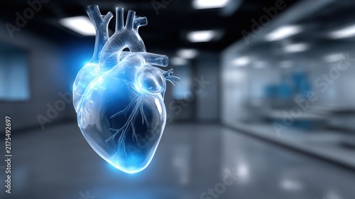 Transparent glowing human heart anatomical model in futuristic lab