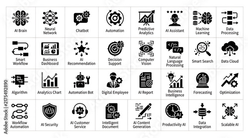 Artificial intelligence icons arranged in a grid showing machine learning and automated system concepts.