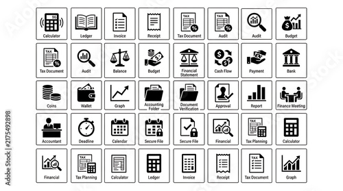 Accounting icons displayed inside square outlines illustrating financial documents calculators and ledgers.