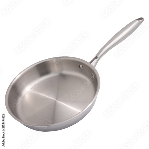 Modern stainless steel frying pan with a sleek ergonomic handle on a white background