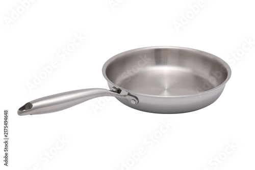Modern stainless steel frying pan with a sleek ergonomic handle on a white background