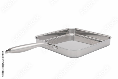 Shiny stainless steel square frying pan with a long handle on a white background