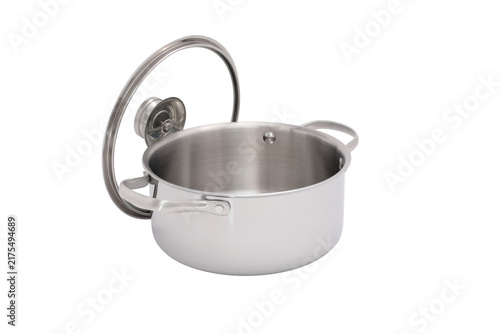 Shiny stainless steel cooking pot with lid and handles on a white background