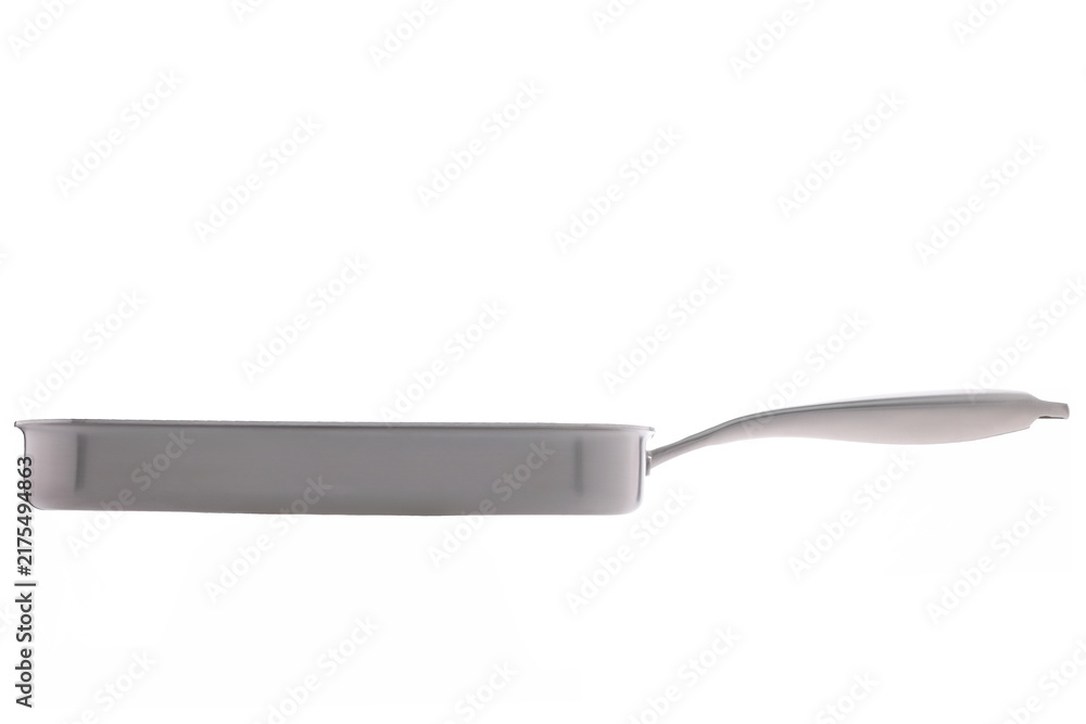 Fototapeta premium Shiny stainless steel square frying pan with a long handle on a white background