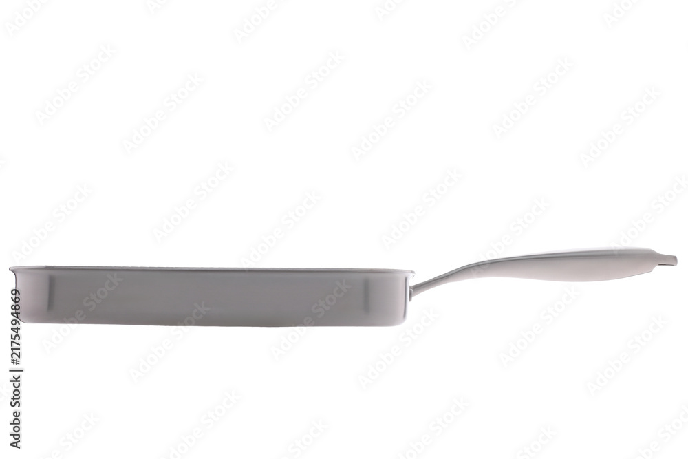 Fototapeta premium Shiny stainless steel square frying pan with a long handle on a white background