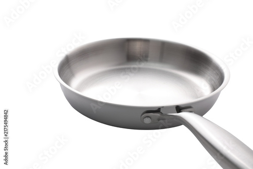 Modern stainless steel frying pan with a sleek ergonomic handle on a white background