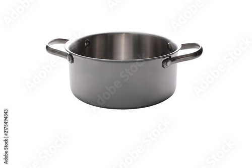 Shiny stainless steel cooking pot with lid and handles on a white background