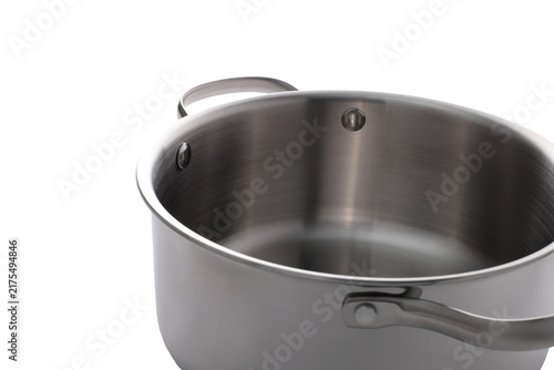 Shiny stainless steel cooking pot with lid and handles on a white background