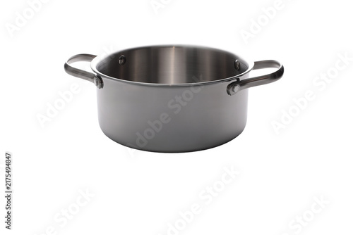 Shiny stainless steel cooking pot with lid and handles on a white background