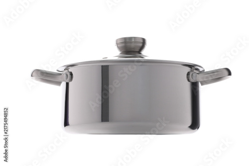Shiny stainless steel cooking pot with lid and handles on a white background