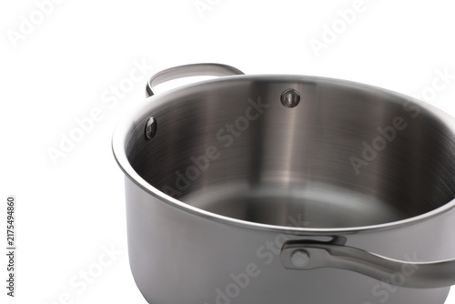 Shiny stainless steel cooking pot with lid and handles on a white background