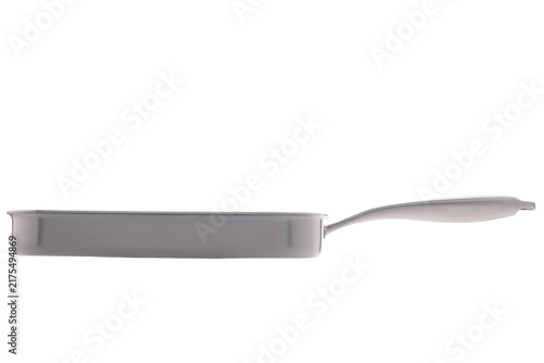 Shiny stainless steel square frying pan with a long handle on a white background