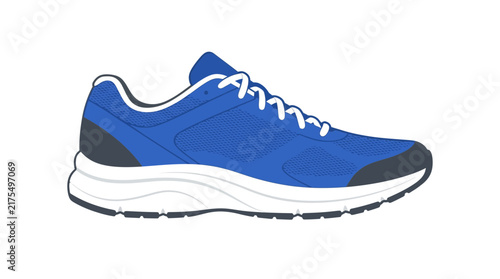 A blue running shoe with white laces and a thick white sole, isolated on a plain background