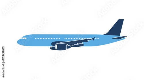 A modern passenger airplane in a stylized blue design, ready for travel