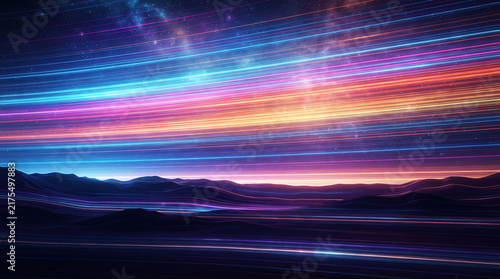 Futuristic Neon Light Trails Across a Mountain Landscape ,Ai Generated